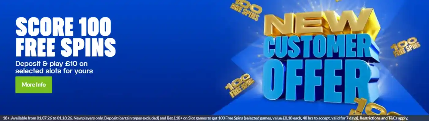 Current Coral Casino welcome offer banner showing 100 Free Spins for qualifying new players