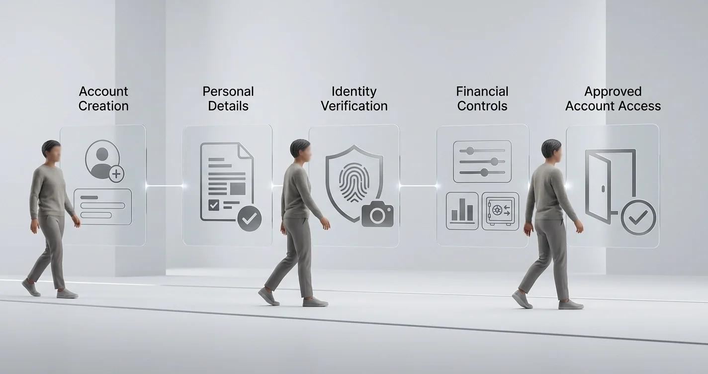 Neutral illustration of a lawful online casino account-opening process with identity verification and account controls