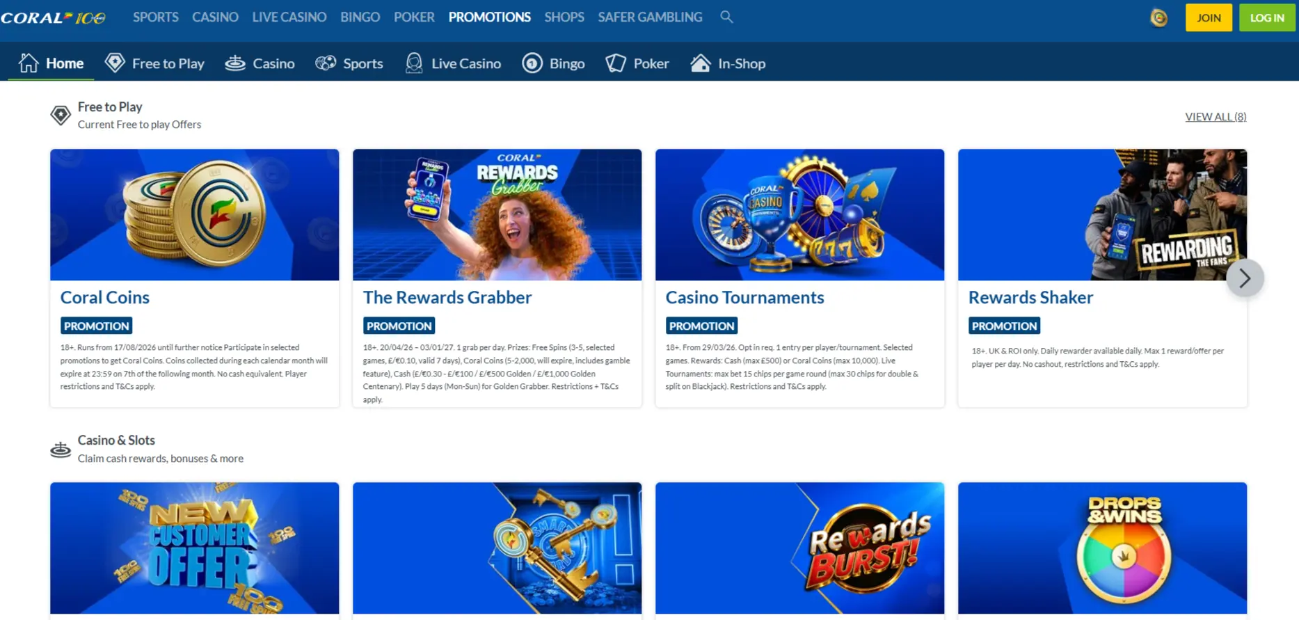 Current Coral promotions and Coral Coins page showing live offers and reward options