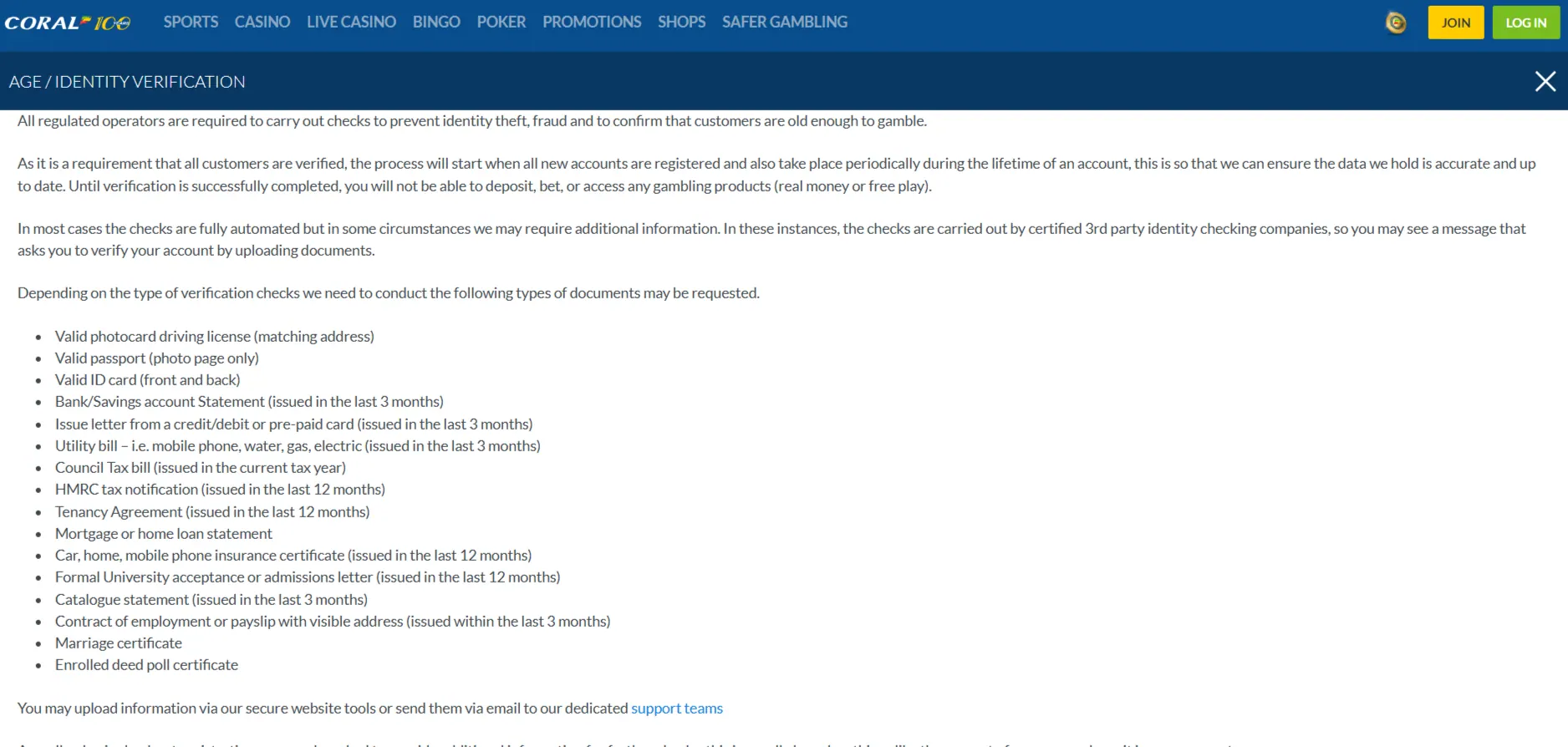 Current official Coral KYC page showing identity verification guidance and document categories