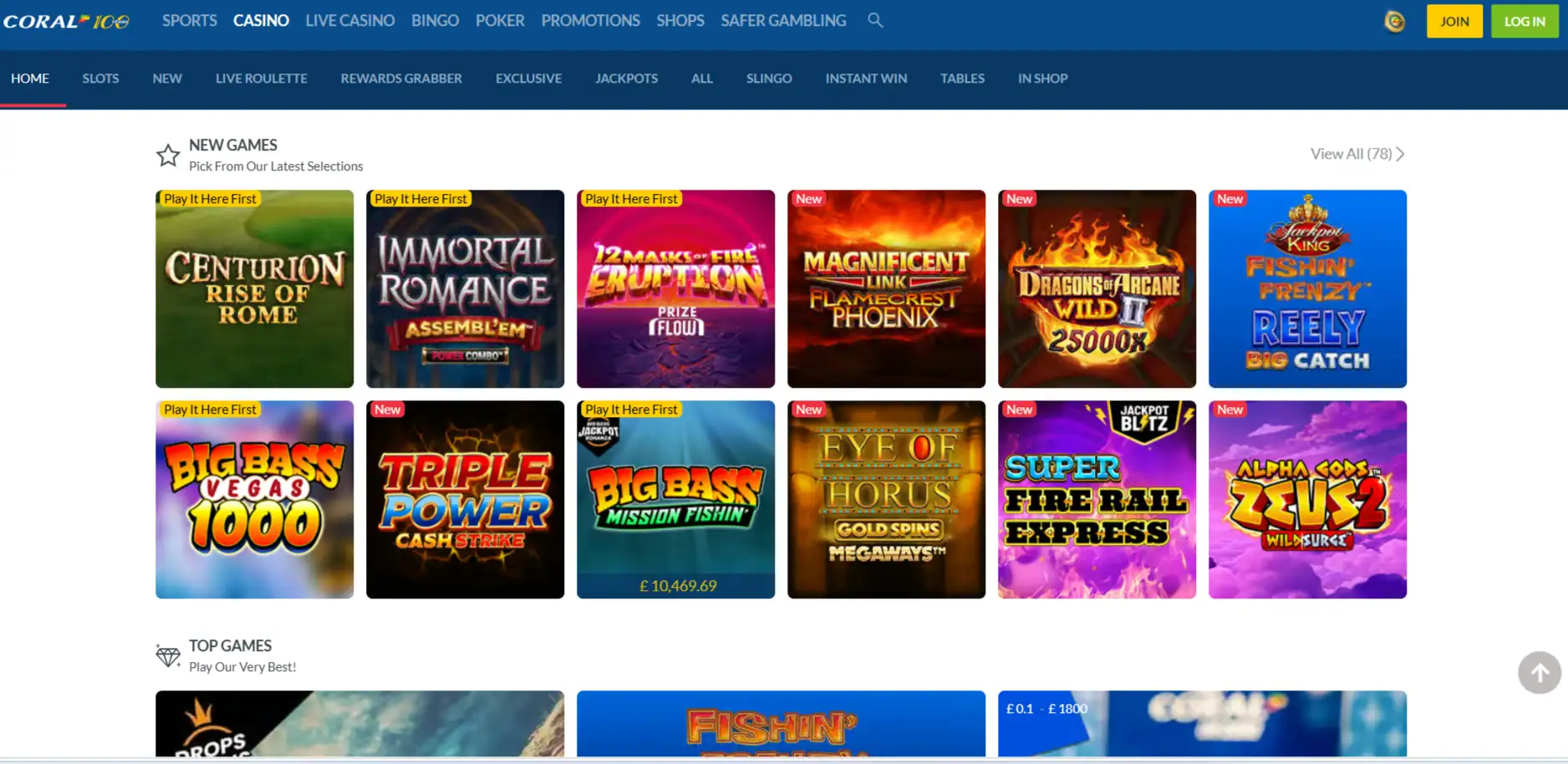 Current Coral Casino games lobby showing the main game categories