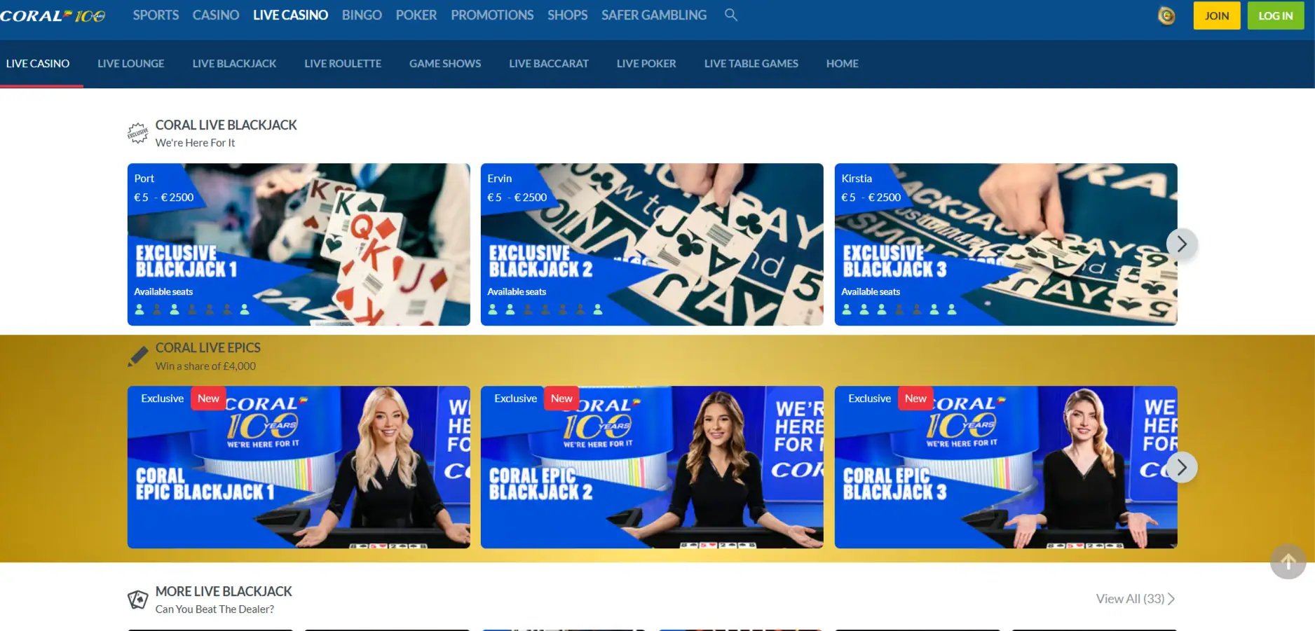 Current Coral live casino lobby with roulette, blackjack and game show categories