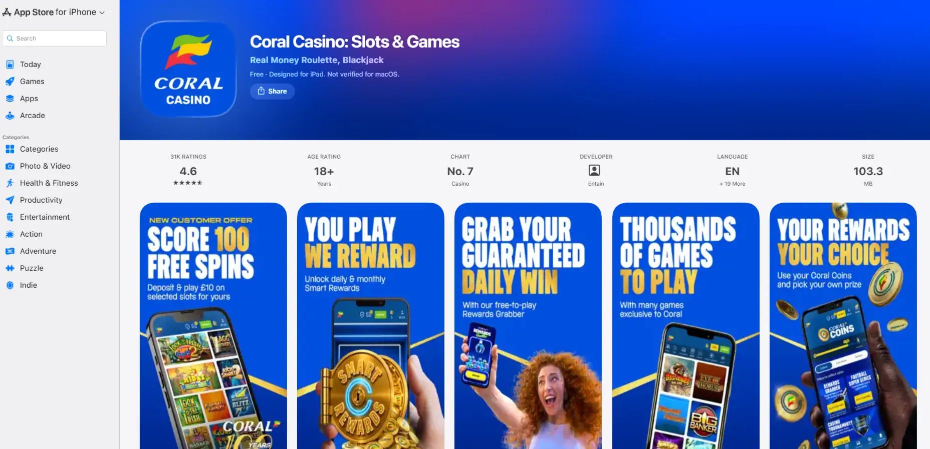 Current official Coral Casino Slots and Games listing in the UK Apple App Store