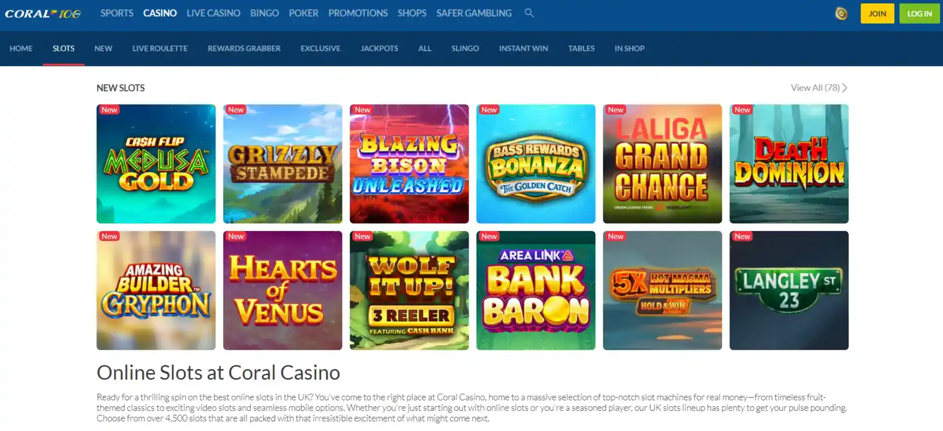 Current Coral slots page showing the 4,500+ slots claim and slot categories