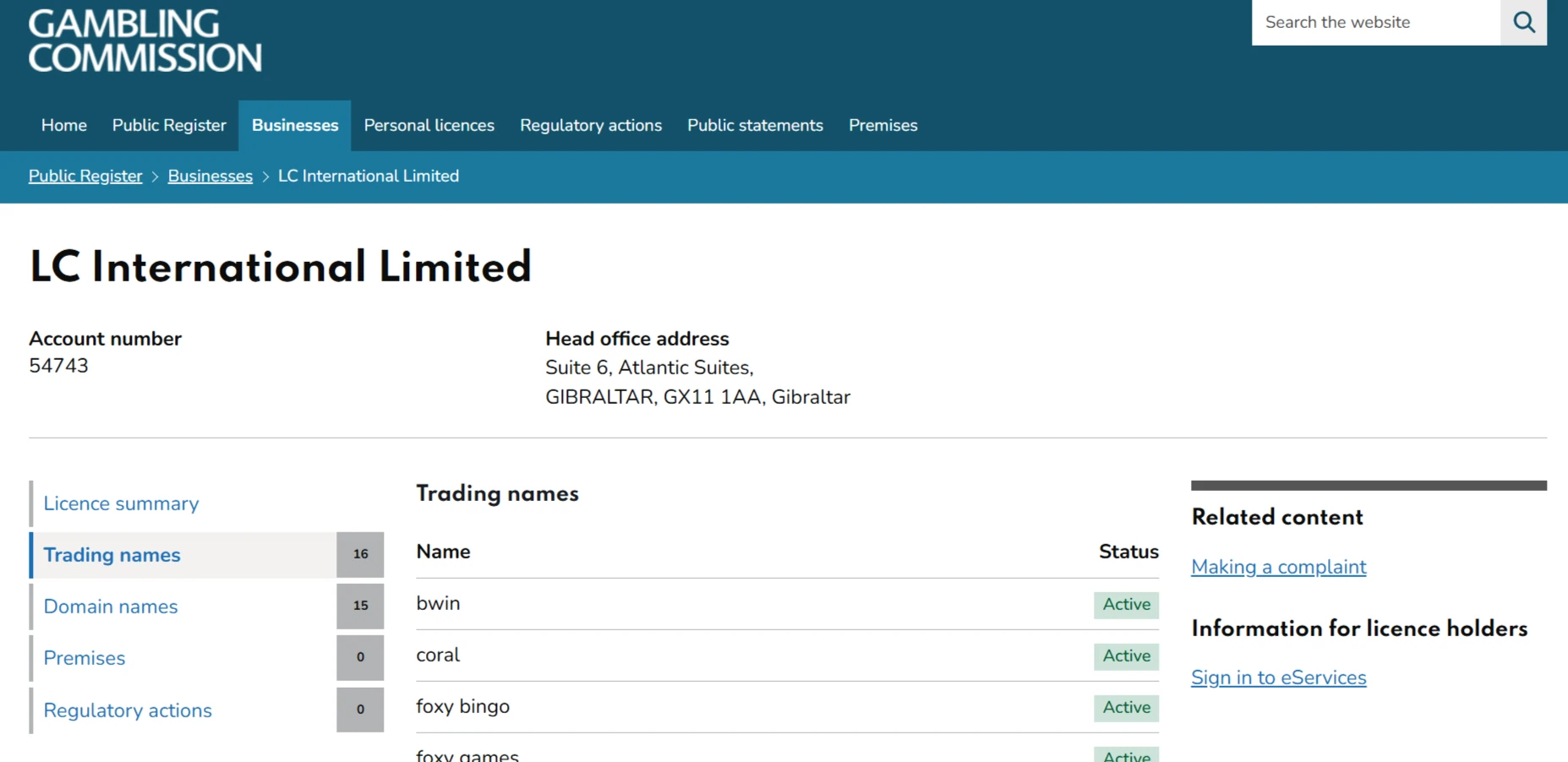 UK Gambling Commission public register showing Coral as an active trading name under LC International Limited account 54743