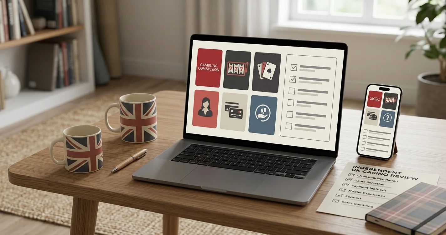 Editorial illustration of a UK online casino review checklist on desktop and mobile devices