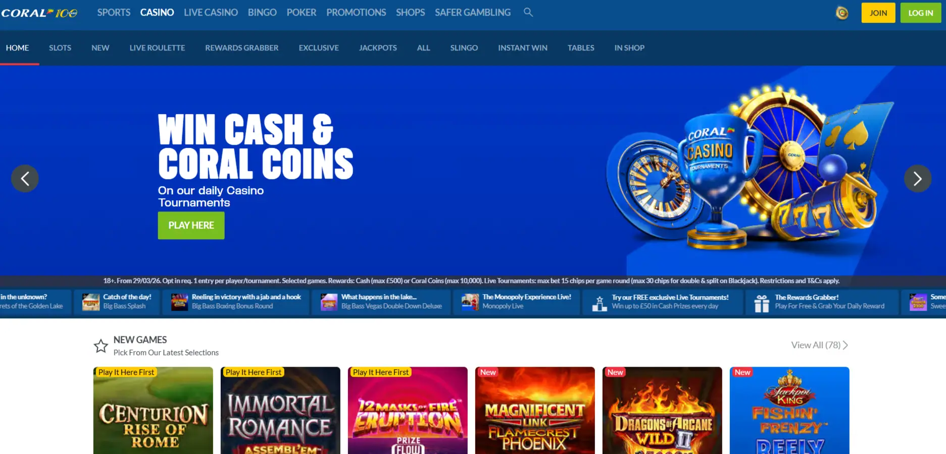 Current Coral Casino games page and category navigation