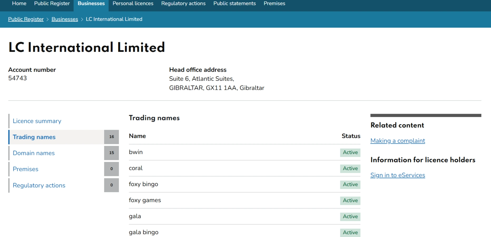UK Gambling Commission Coral trading-name register entry for LC International Limited